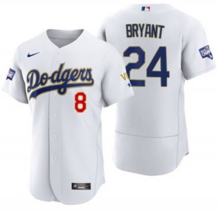 Men's White Gold Los Angeles Dodgers Front #8 Back #24 Kobe Bryant MLB Championship Flex Base Stitched Jersey